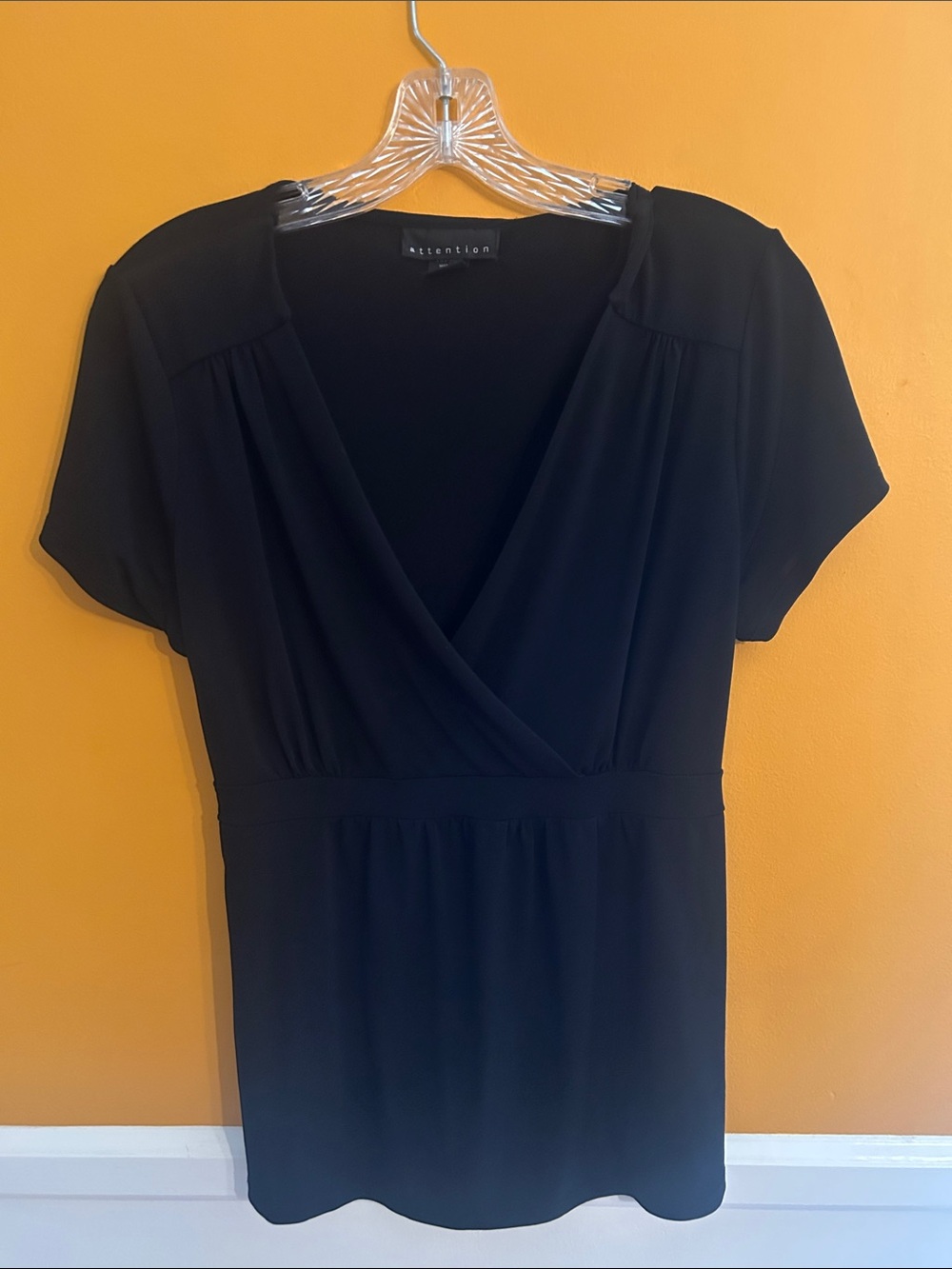Attention Black V-Neck Surplice Short Sleeve Top